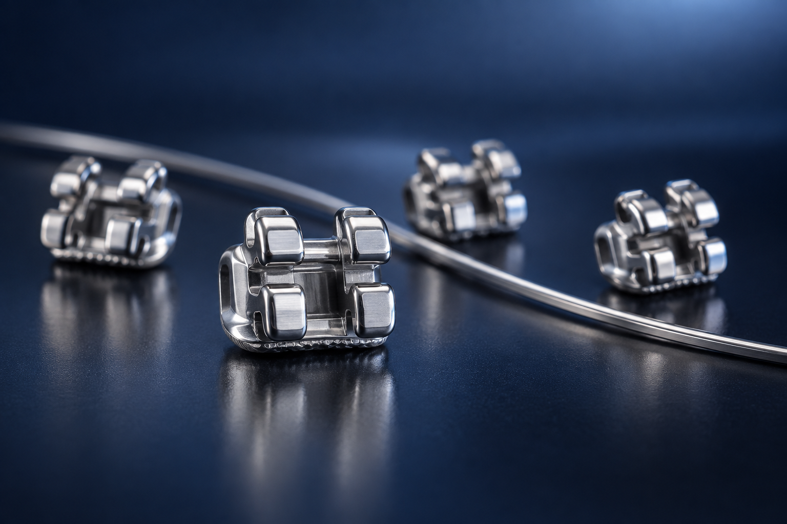 Macro visual of compact stainless-steel twin orthodontic brackets and archwire