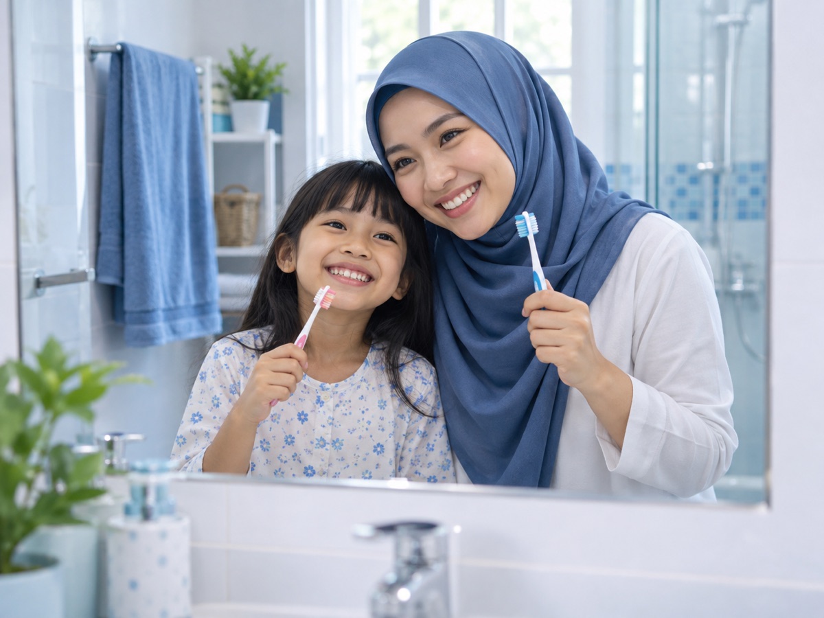 Mother and daughter holding toothbrushes